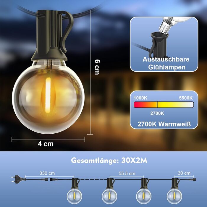Світлодіодний струнний світильник Yuusei 60M, 104 теплі білі лампи G40, IP45, внутрішній/зовнішній для саду та патіо