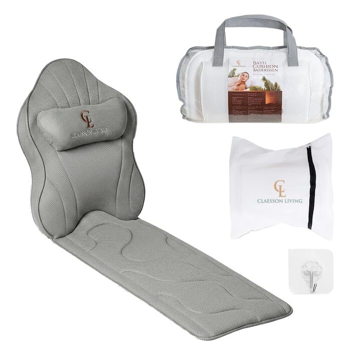 Подушка для ванни повний корпус (126x41 см) з підголівником (13 см) - біла (антрацит) - підтримка шиї, спини та ніг + сумка для прання та подорожей