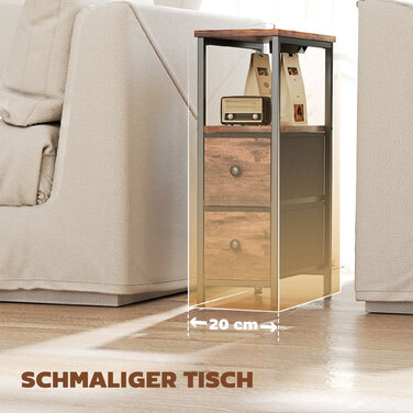 Журнальний столик-приліжний столик з підзарядною станцією, сталевий каркас, 2 висувні ящики з тканиною, відкритий відсік, розміри 20x40x63 см, колір: рустикальний коричневий.