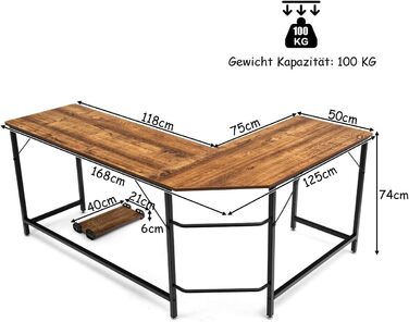 Письмовий стіл L-подібної форми, Кутовий стіл, Ігровий комп'ютерний стіл, Стіл для ПК, Комп'ютерний стіл з підставкою для процесора, Офісний стіл, Кутовий стіл, Кутовий стіл для домашнього офісу, (Сільський коричневий, 168 x 125 x 74 см)