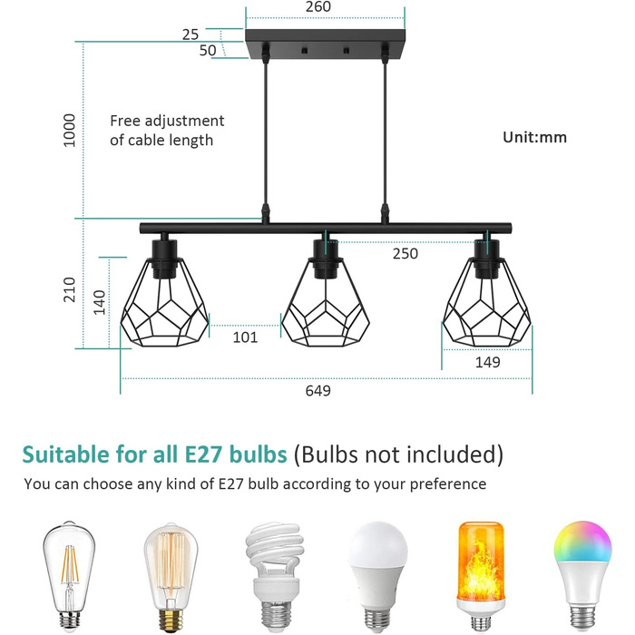 Підвісний світильник EMKE Підвісний світильник, 3-полум'яний вінтажний підвісний світильник чорний, підвісний світильник для E27, промисловий підвісний світильник для вітальні, спальні та їдальні