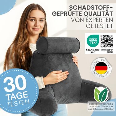 Подушка для спини ELONEO з підлокітниками – для ліжка та дивана. Зробить підтримку спини, голови та шиї більш комфортною (з роликом для шиї)