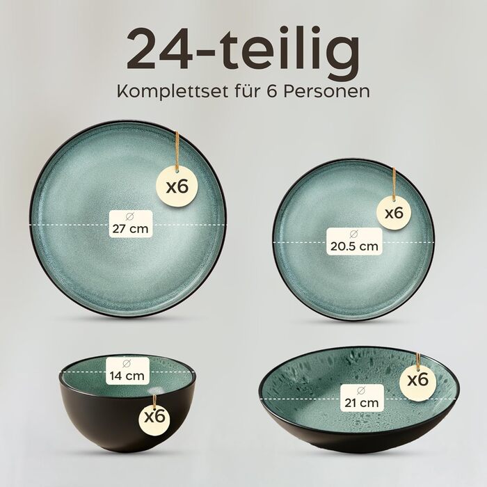 Набір посуду Twinzee Steingut 24 частини для 6 осіб: тарілки та миски, сервіз з каменю, колекція Riviera Sage