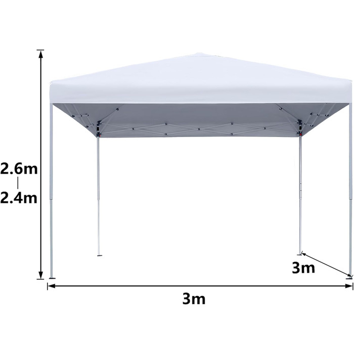 Намет з балдахіном 3x3 Садова альтанка Складна альтанка, регульована по висоті 2,4 м - 2,6 м Садовий намет для весілля в саду на відкритому повітрі, стабільний, захист від ультрафіолету, водонепроникний, білий білий без бічних панелей