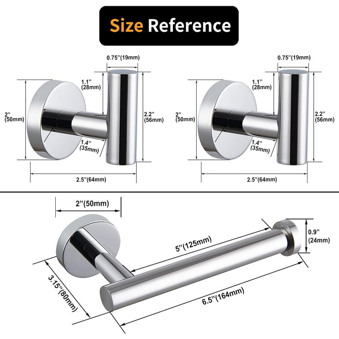 Набір аксесуарів для ванної кімнати з нержавіючої сталі, що складається з 3 предметів, настінний тримач для туалетного паперу, 2 гачка для рушників (полірований)