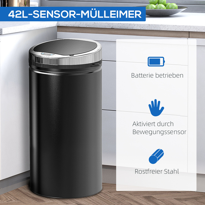 Відро для сміття HOMCOM Sensor 42 л, електричне автоматичне відро для сміття з кришкою, нержавіюче, для ванної кімнати, офісу, кухні, їдальні, сталь, чорний | Аосом