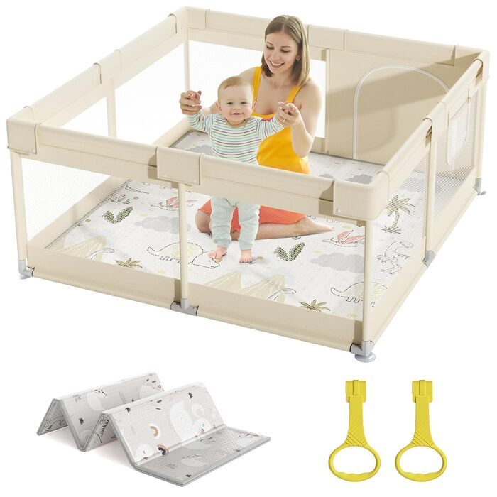 Дитячий манеж Mloong 120x120 з матрацом, дихаючою сіткою та присосками, ідеальний варіант для квартири