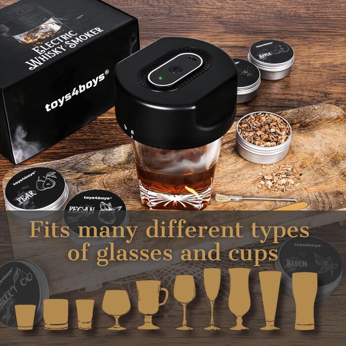 Набір для копчення віскі Toys4Boys Premium - з дерев'яною кришкою, 4 арома-стружками та запальничкою. Ідеальний подарунок для чоловіків. Набір для інфузії віскі без бутану, 6 арома-стружків
