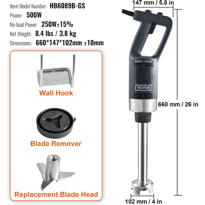 Електричний ручний блендер VEVOR 500 Вт, високопродуктивний ручний блендер з регулюванням 4000-18000 об/хв, багатоцільовий ручний блендер з нержавіючої сталі 855 мм Знімний стрижень для перемішування, включаючи настінний гачок і запасну головку леза (500 