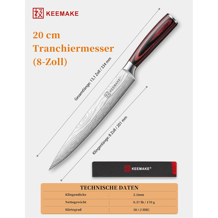 KEEMAKE Набір кухонних ножів Profi: кухонні ножі з нержавіючої сталі з захистом леза, гострі ножі шеф-кухаря та універсальні ножі для м'яса, овочів та риби (ніж для м'яса 20 см)