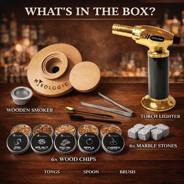 Комплект для копчення коктейлів MIXOLOGIC: набір для віскі, 6 дерев'яних чіпсів, камені для віскі та аксесуари для Old Fashioned