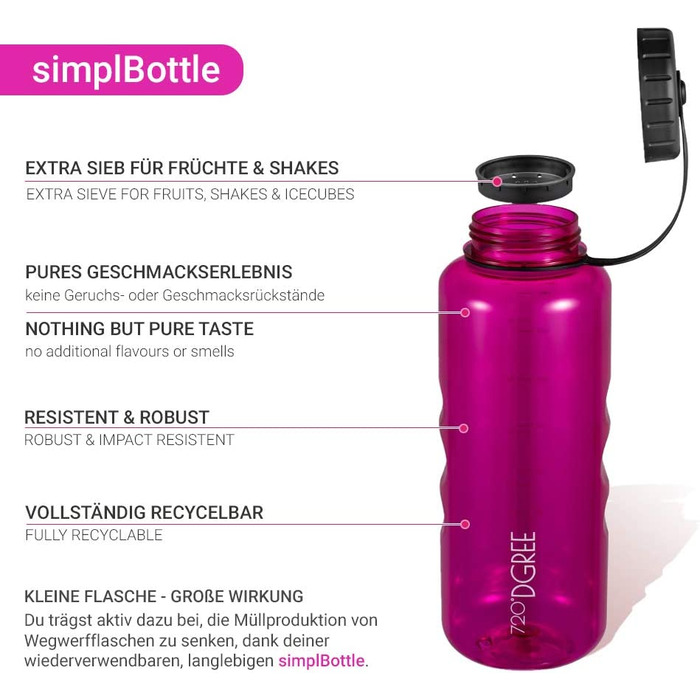 Пляшка для пиття simplBottle з температурою 720 D - 1,5 л - ваша герметична пляшка для води - спортивна пляшка для занять спортом, тренажерного залу, фітнесу, велосипеда, дітей , школи та офісу-Без BPA (рожевий кольору фуксії / рожевий, 1500 мл)