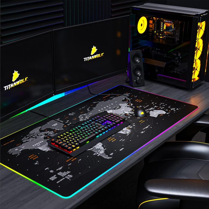 Килимок для миші TITANWOLF XXXL RGB з підсвічуванням LED, 1200 x 600 мм – для геймінгу, з гумовою основою, карта світу