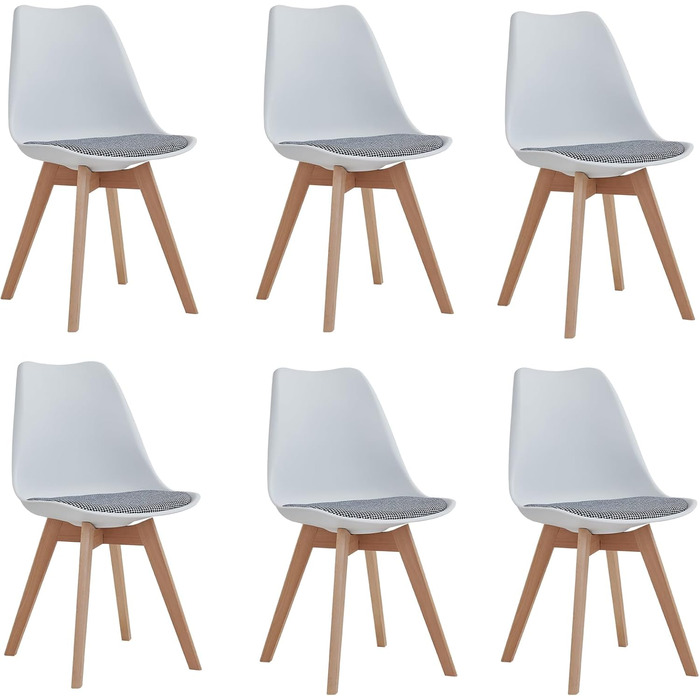 Стільці для їдальні в скандинавському стилі, ретро-дизайн, м'які, для кухні/офісу, з масивних букових ніжок (набір 6 шт., білий)