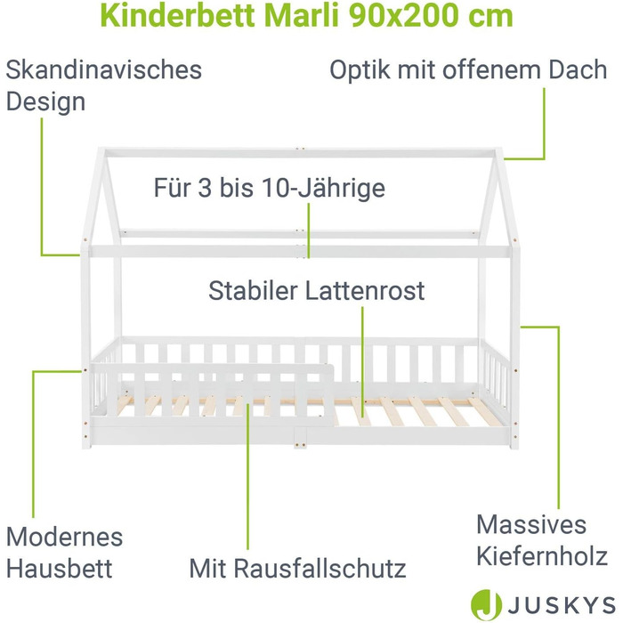 Дитяче ліжко Juskys Marli 90 x 200 см із захистом від падіння, рейковим каркасом і дахом - Дитяче ліжко з масиву дерева - Ліжко в білому кольорі