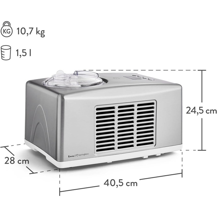 Морожениця SPRINGLANE Emma 1.5 л, самоохолодження, 150 Вт, нержавіюча сталь, знімний контейнер, в т.ч. буклет з рецептами