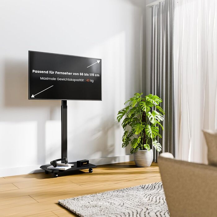 Підставка для телевізора NearHub, регульована по висоті, поворотна на 360°, з колесами, кут повороту +/-25°, VESA 100x100 - 600x400, для екранів 26-70 дюймів, максимальне навантаження 40 кг, чорна