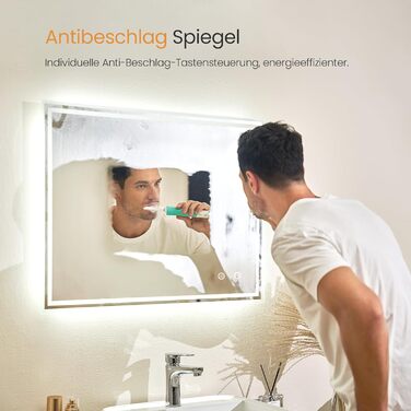 Дзеркало для ванної кімнати EMKE з підсвічуванням 50x60 см, антизапарник, холодний білий, диммер, сенсорне управління, функція пам'яті, автоматичне вимкнення через 3 години, IP44, енергозберігаюче, 60L x 50B см
