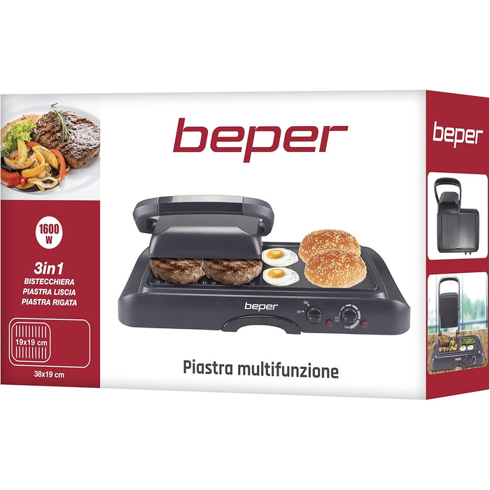 Електрогриль BEPER 90.871 з кришкою, антипригарне покриття, нержавіюча сталь, чорний (1600 Вт)