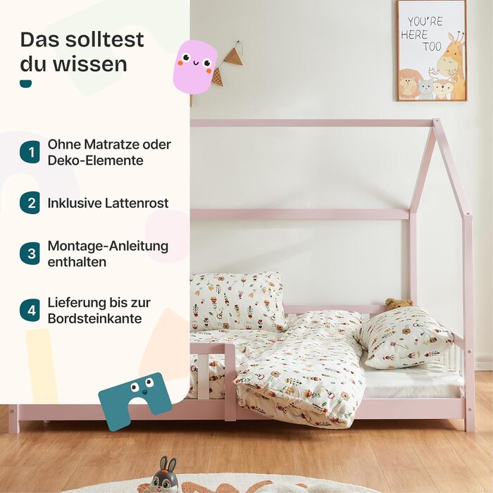 Ліжко дитяче en.casa Hesel, біле, з бортиками та ламелями, Montessori, 120x200 см