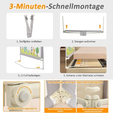 Бортики для ліжка дитячі 3 шт. (2x200 см + 1x180 см) складні, захист від випадання, малюнок 'Джунглі', для малюків та дітей