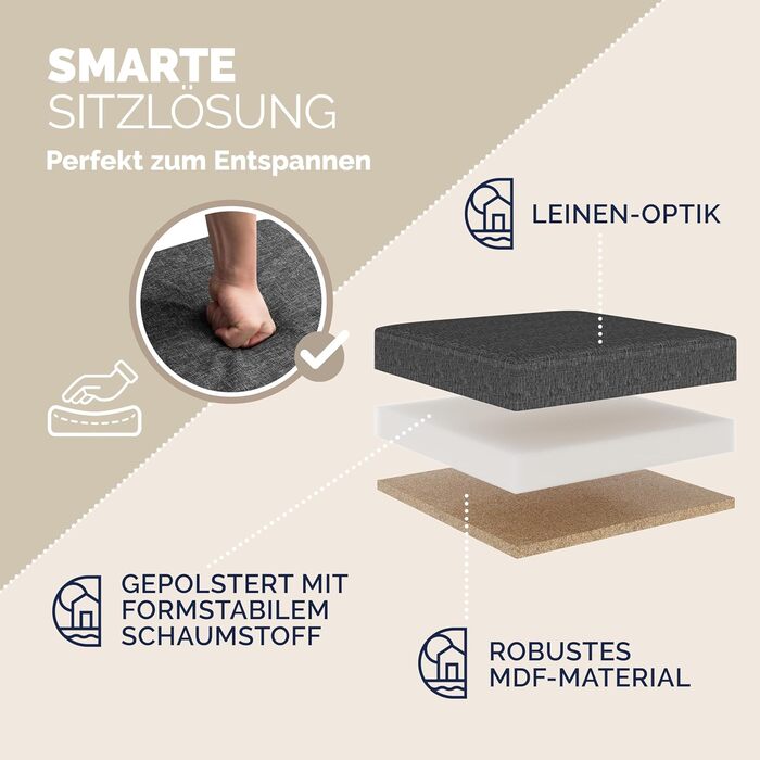 Пуф Casaria® з місцем для зберігання, білий, складний, з кришкою, штучна шкіра, м'який, 38x38 см, для спальні, вітальні, передпокою, білий (2, темно-сірий)