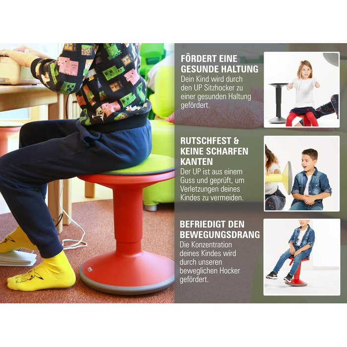 Ергономічний пуф Interstuhl UPis1 з ефектом гойдання - регульована висота, неслизьке дно та захист від перекидання - офісний пуф (Червоний, UP Junior)