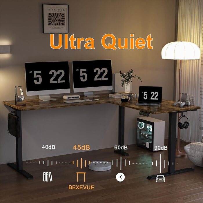 Електричний кутовий стіл BEXEVUE з регулюванням висоти 160x140 см, 3 функції пам'яті, антиколізійна технологія, ергономічний, коричневий