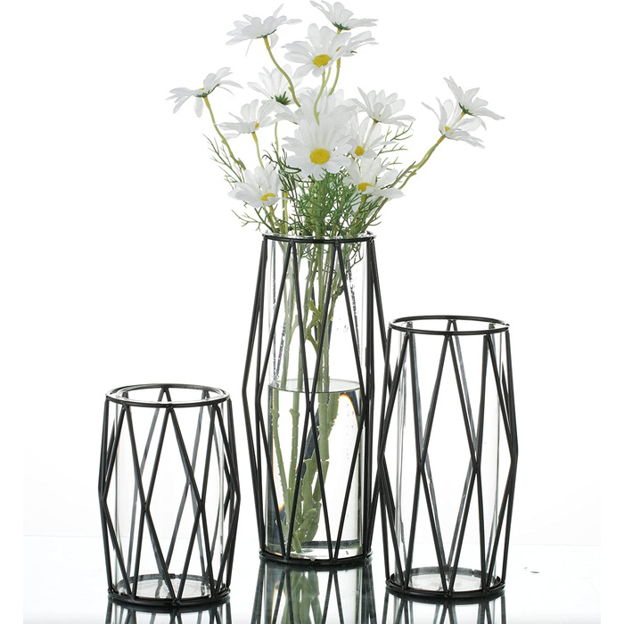 Маленька ваза для пампасної трави Сучасні вази для прикраси весільного столу, геометрична декоративна ваза, скляна ваза для квітів для вітальні, Тюльпани, квіти, Троянда, висотою 16 см (XS S L, Чорний)