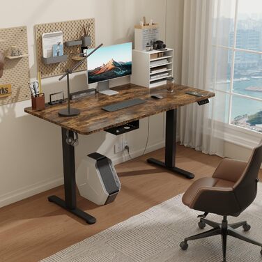 Регульований за висотою стіл Airfish з USB-роз'ємом, електричний стіл з підставкою для кабелів, комп'ютерний стіл, офісний стіл, столик для стояння з нагадуванням про сидячу роботу, 120 x 70 см, вінтажний коричневий