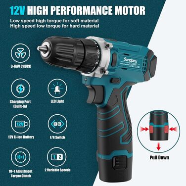 Набір інструментів Sundpey 206 предметів з акумуляторною викруткою 12V для дому та ремонту (синій)