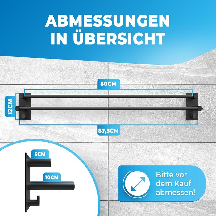 Тримач для рушників без свердління, чорний, 80 см, нержавіюча сталь, подвійний, самоклеючий, з 2 гачками, для ванної кімнати, душової кабіни, кухні