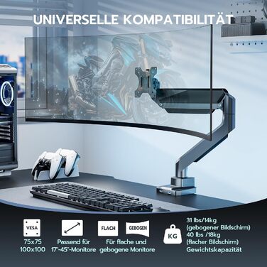 Кріплення для монітора ARES WING з USB A/C, 17'-45', регульована висота, вантажопідйомність 18 кг, VESA 75/100 мм, білий (сірий)