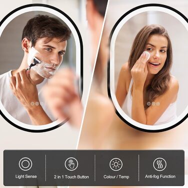 Круглий LED-дзеркало для ванної кімнати ChillCruiser 50 см з чорною рамою, антизапар, 3 кольори, функція Memory