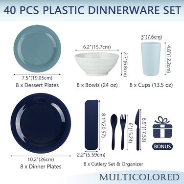 Набір пластикового посуду BEWOS 40 пакетів, що не б'ється, кемпінговий посуд на 8 персон, тарілки, чашки, миски та столові прибори, що не б'ються, пластикові столові прибори, які можна мити в посудомийній машині та мікрохвильовій печі 40 шт. у кольорах Mo