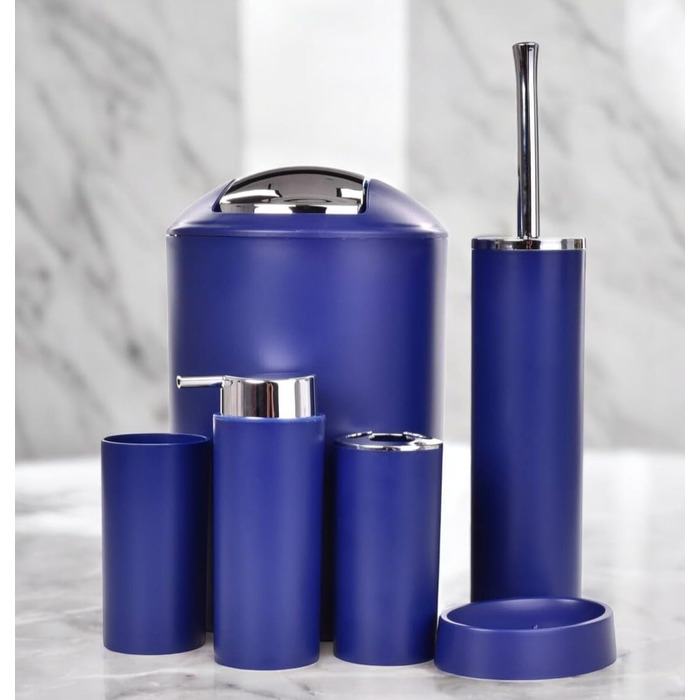Набір аксесуарів для ванної кімнати 6tlg Badset: мильниця, стакан для зубних щіток, відро для косметики, щітка для унітазу з тримачем, мильниця, сміттєвий бак, тримач для зубних щіток, повна ванна кімнатна комплектація (темно-синій дизайн 2a)