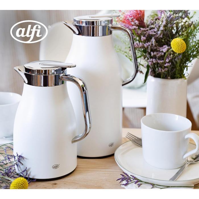 Термос Alfi SKYLINE 1,5л, кокосовий білий матовий, з нержавіючої сталі, з гігієнічним скляним вкладишем, з поворотним кришкою та зручною кнопкою, ергономічна ручка, для однієї руки, ідеальний як кавоварка 1500 мл Coconut White Mat