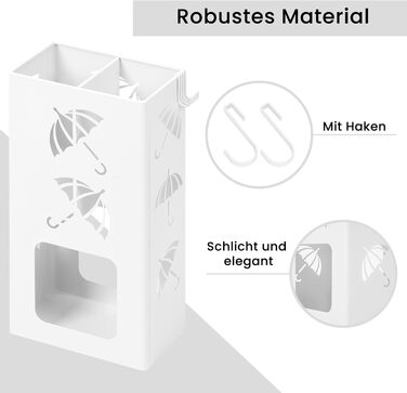 Підставка для парасоль під WOLTU, 2 слоти, з 4 гачками, металева, біла, 25x49x15 см