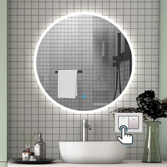 LED дзеркало для ванної кімнати Aica Sanitär, кругле, 50 см, з підсвічуванням (холодне/нейтральне/тепле світло), диммування, функція пам'яті, сенсорне управління, запобігання запотіванню, автоматичне вимкнення