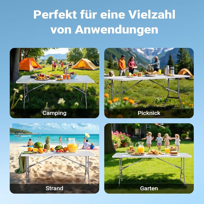 Складаний кемпінговий стіл Wiltec 122x60x75 см, стіл для пікніка, саду та виїзних заходів з ручкою для перенесення