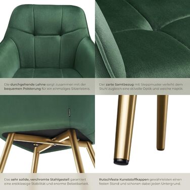 Крісло tectake® з оксамиту, сучасні кухонні стільці, крісло для вітальні, стілець для туалетного столика - (набір 1 шт, темно-зелений/золотий)