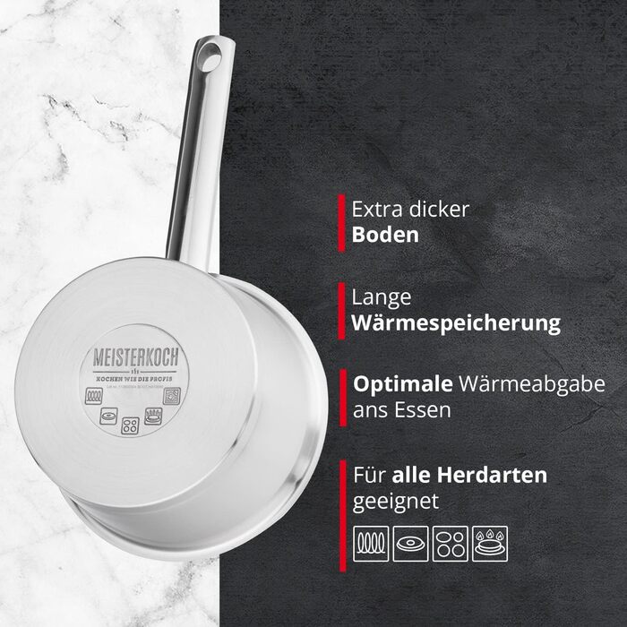 Каструля Meisterkoch з нержавіючої сталі 16 см | з виливом, мірною шкалою та ізольованою ручкою | 1 скляна кришка з дрібним та великим ситом | посуд з нержавіючої сталі, підходить для індукційних плит 16 см