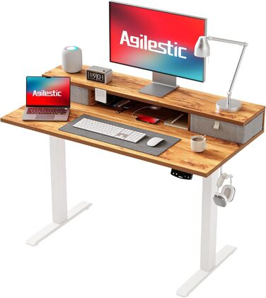 Регульований стіл Agilestic з 2 ящиками, електричний, ергономічний, для комп'ютера, білий (світло-коричневий), 100 x 60 см