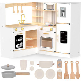 Дерев'яна кухня Мамабрум XXXL з LED-підсвічуванням та аксесуарами для дітей 3+ - набір іграшкової кухні з мікрохвильовою піччю, каструлями та столовим приладдям