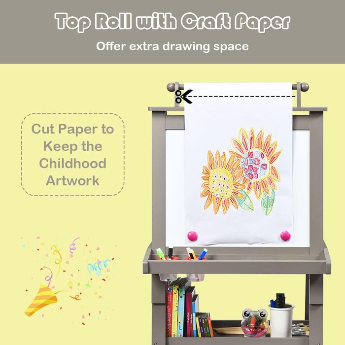 Дитяча мольберт LIFEZEAL 3 в 1: дошка для малювання, whiteboard, крейдяна дошка та рулон паперу, з 2 поличками та ящиками для зберігання, сірий