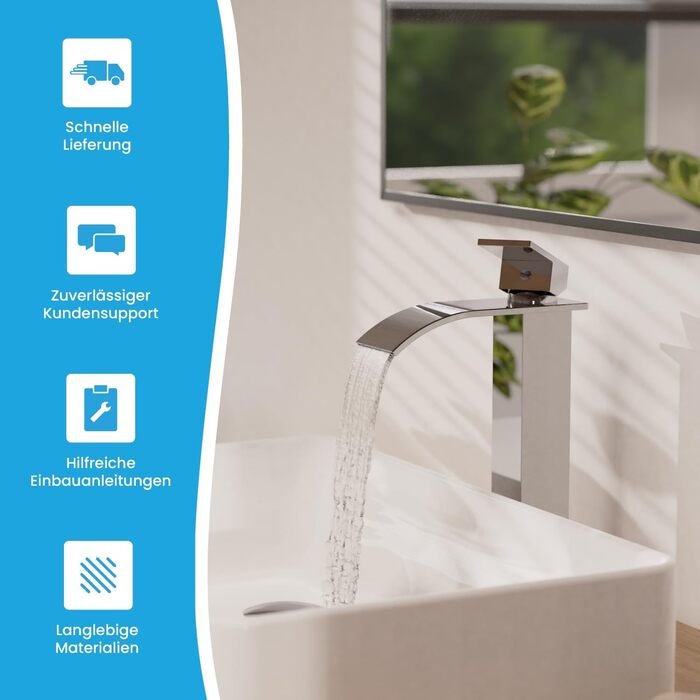 Змішувач для ванної кімнати Bächlein Tamina з водоспадом, однорідний, з довговічною керамічною картридж, комплект для монтажу, хром (висока якість)