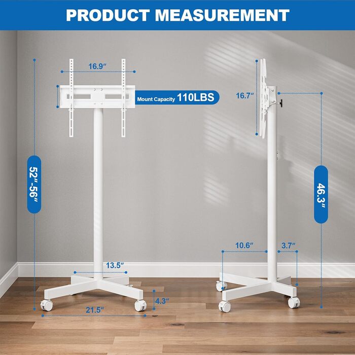 Мобільний телевізійний візок HOLMAXD: регульований стійкий стенд для телевізорів 58-165 см (23-65 дюймів), до 50 кг, з нахиленою підставкою, білий, для саду