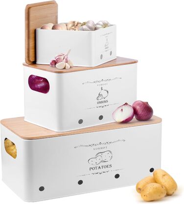 Набір контейнерів для зберігання картоплі, цибулі та часнику (3 шт.), бамбуковий кришка, білий