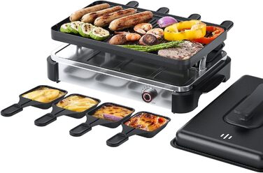 Гриль HeYork Raclette з грилем Міні-барбекю Настільний гриль для 2-4 осіб Сковорода з антипригарним покриттям з 4 каструлями Скребок для лопаток 750 Вт Електричний гриль для вечірок Сирний гриль 4 особи (8 осіб)