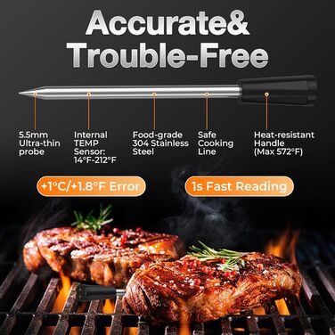 Бездротовий термометр для м'яса Maypott Bluetooth з 2 зондами, IP67, цифровий, для кухні, духовки, приготування стейків, барбекю